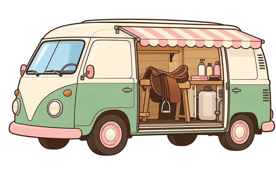 Illustration: das Ponella-Pflegemobil mit offener Schiebetür, Sattel und Pflegeprodukten